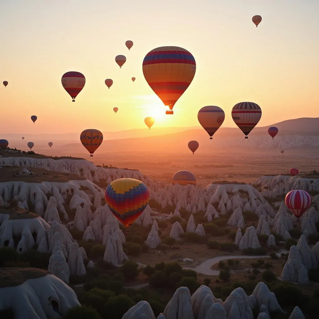 Tourists enjoying a hot air balloon ride over Cappadocia's fairy chimneys at sunrise.