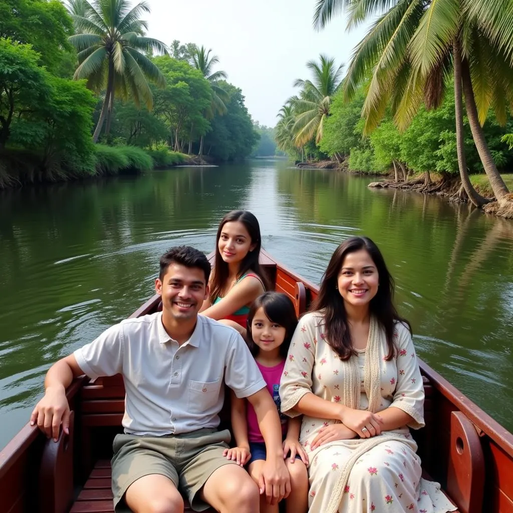 Family Enjoying Houseboat Cruise in Kerala Backwaters