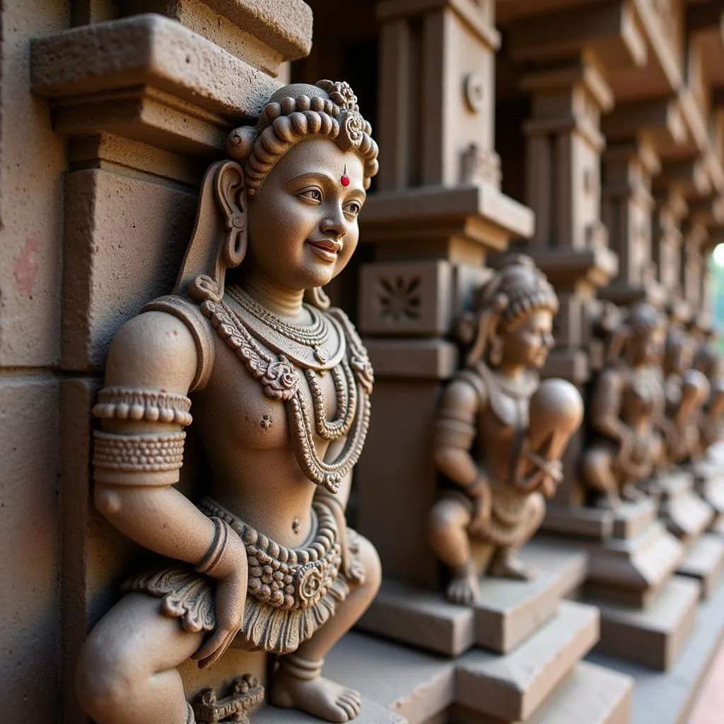 Intricately carved sculptures on the walls of a Hoysala temple in Karnataka.