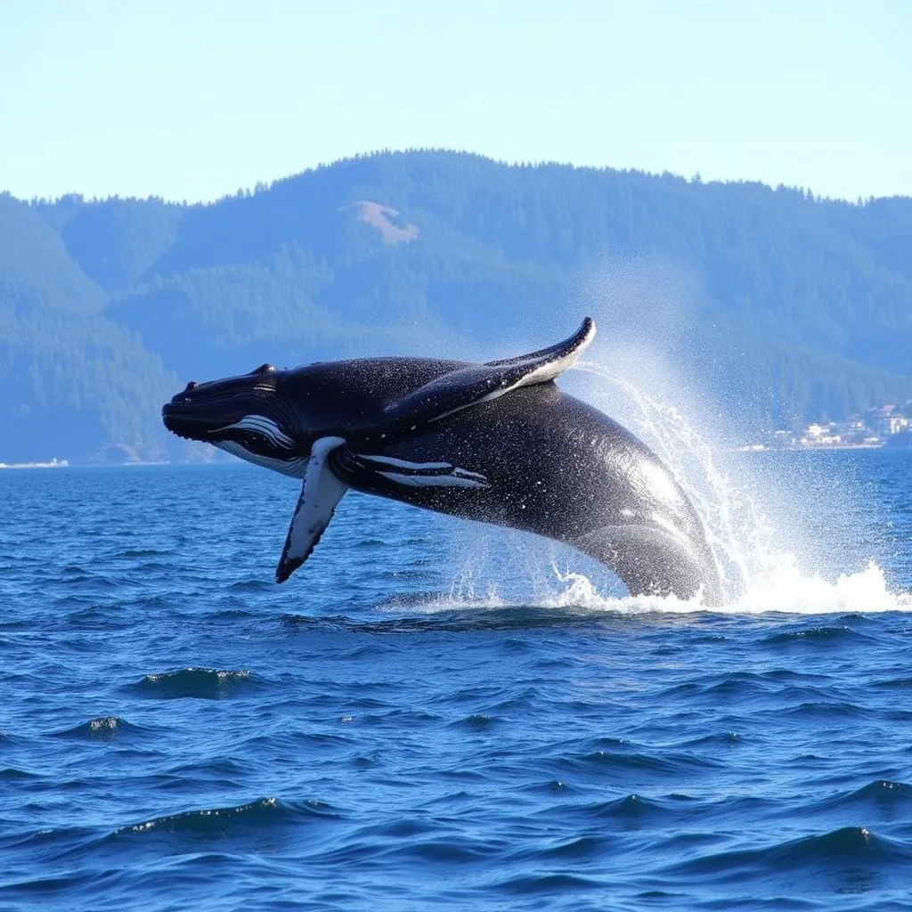 Humpback whale breaching the water's surface near San Juan Island