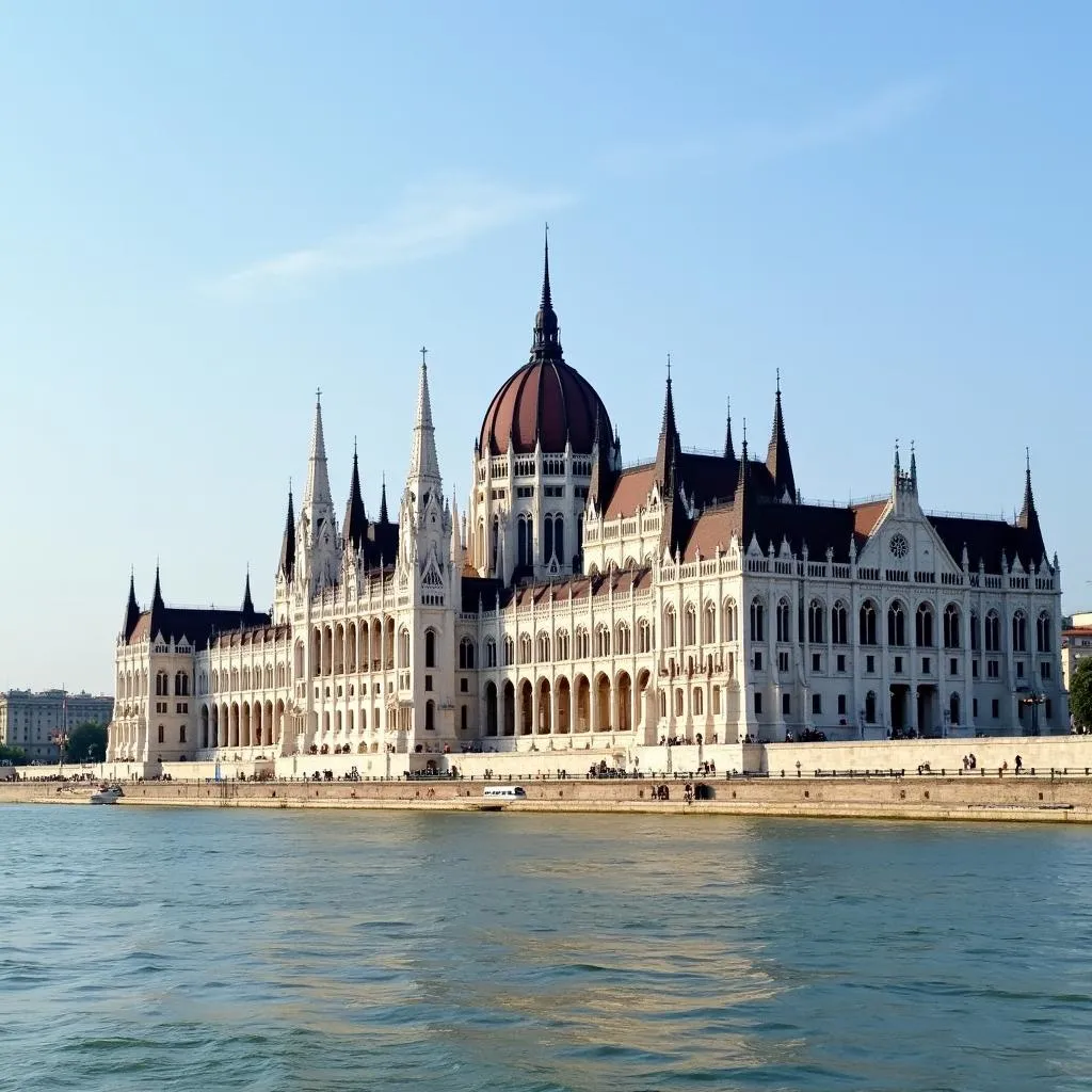 Exterior View of the Hungarian Parliament Building on the Danube River