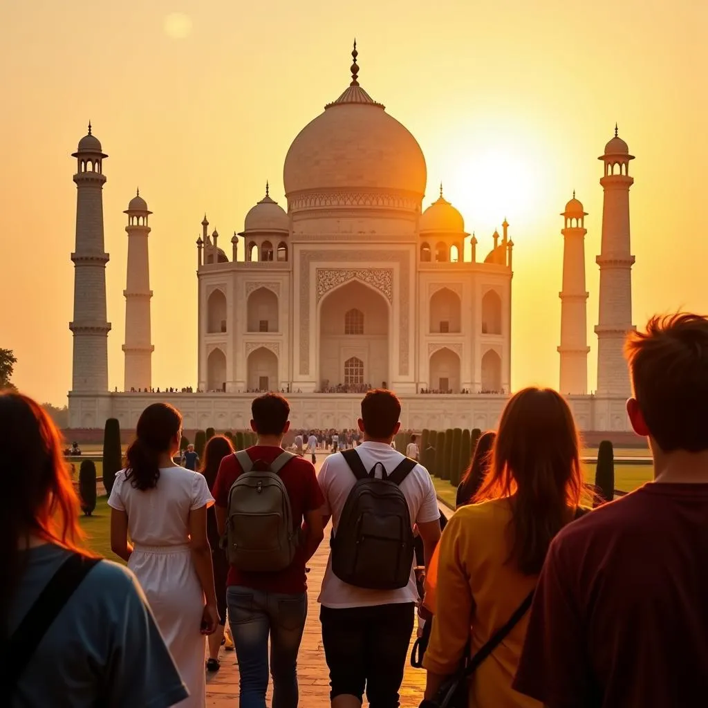 Tourists marveling at the Taj Mahal during a 28-day India tour.