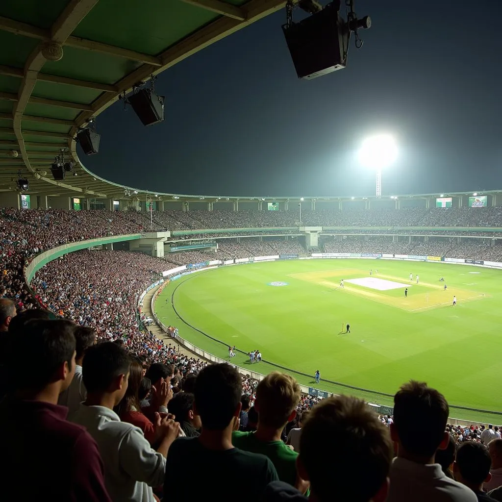 Cricket fans fill the Multan Cricket Stadium during the 2005 India-Pakistan first test.