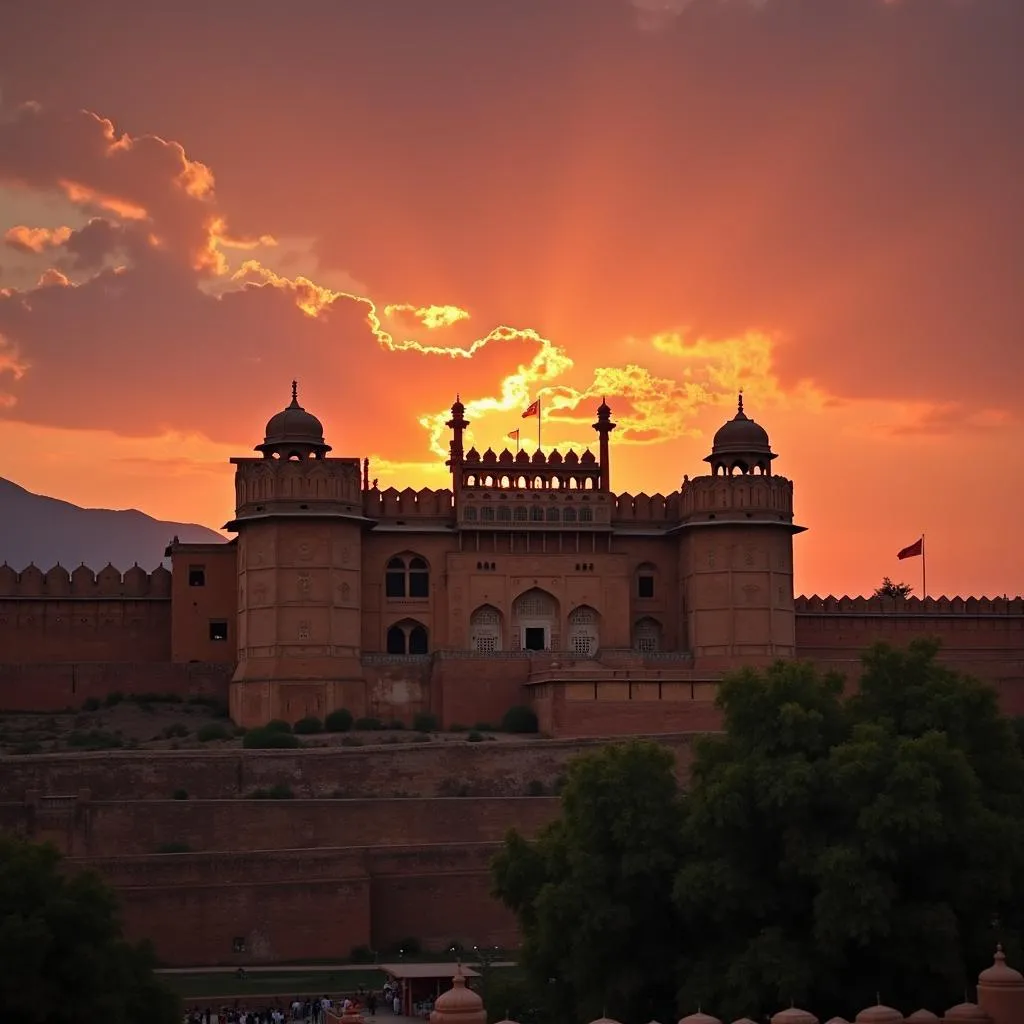 Ancient fort in Rajasthan, India against a vibrant sunset