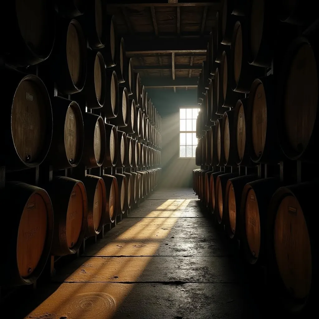 Islay whisky barrels in a traditional warehouse