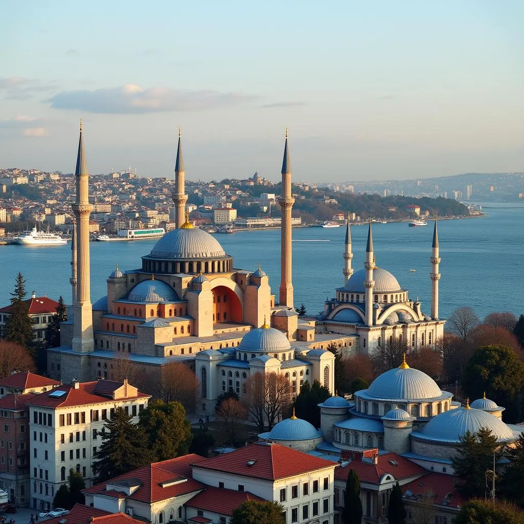 Istanbul's iconic landmarks: Hagia Sophia, Blue Mosque, and Topkapi Palace.