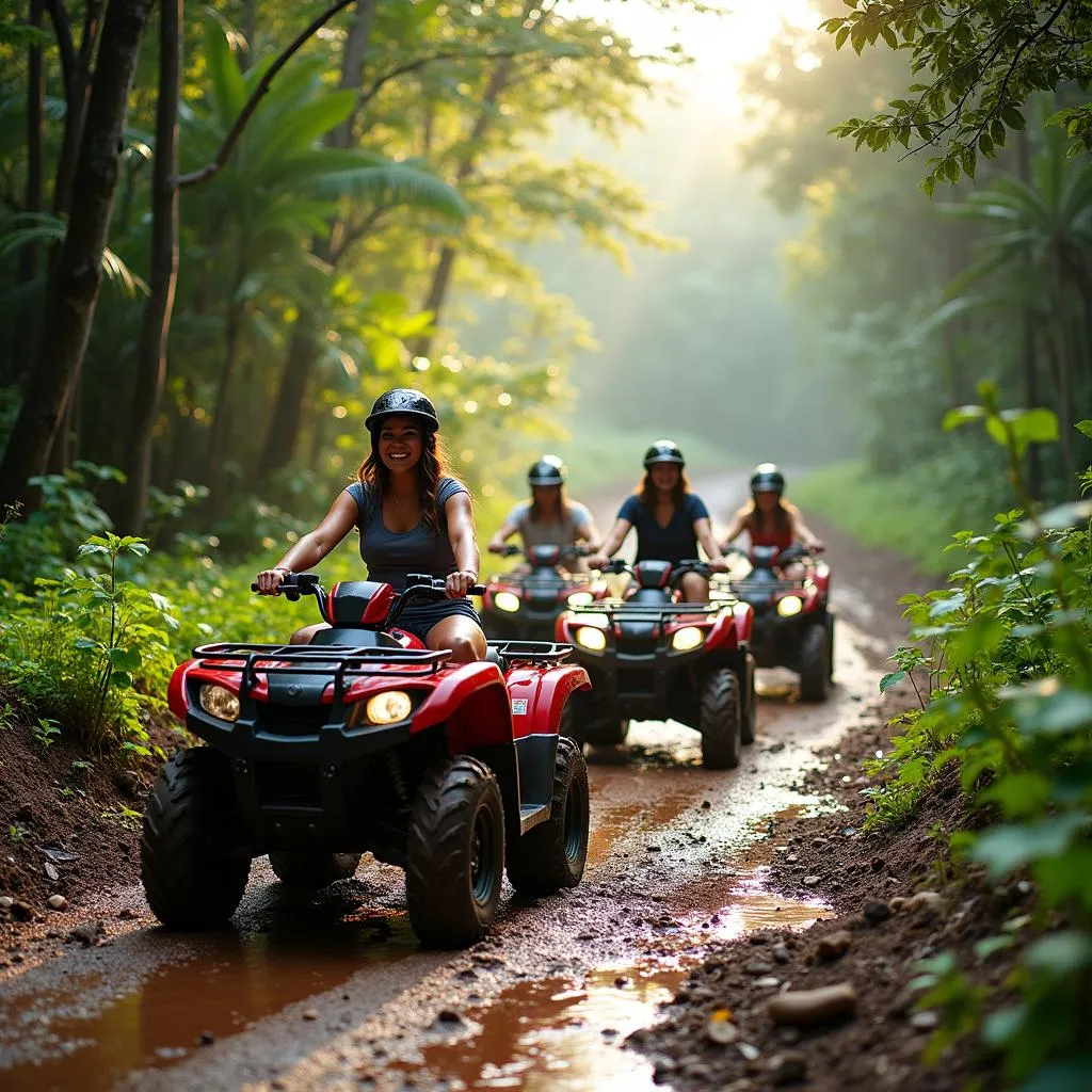 Group of tourists riding ATVs through a lush rainforest in Jaco