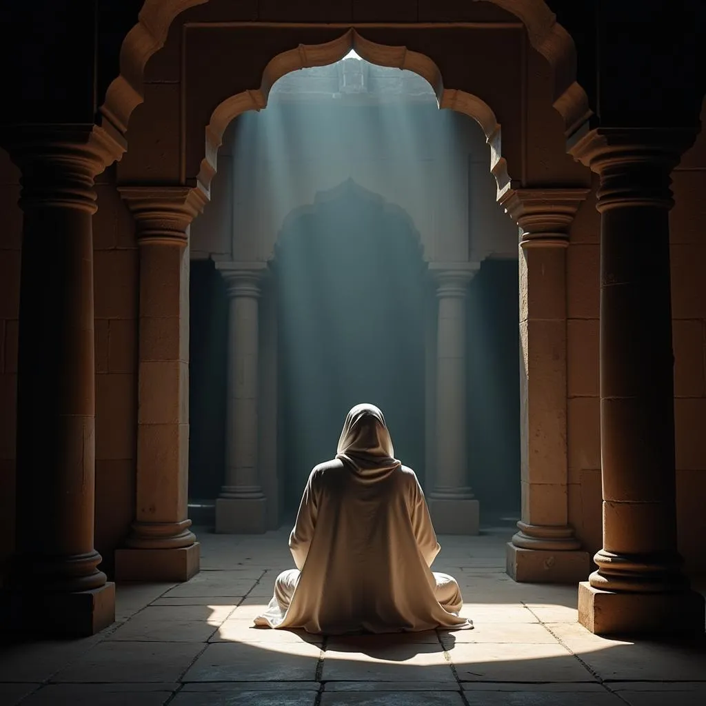 Jain monk meditating serenely inside an ancient temple in Shikharji