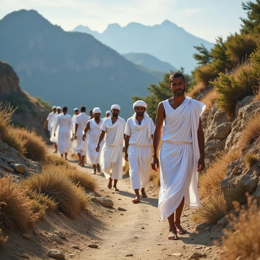 Jain pilgrims walking barefoot on a mountain path during their Shikharji Yatra