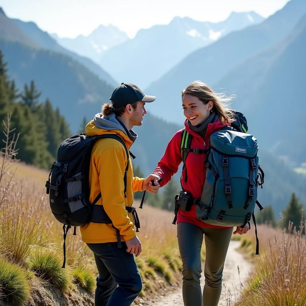 Adventure tour guide assisting a hiker