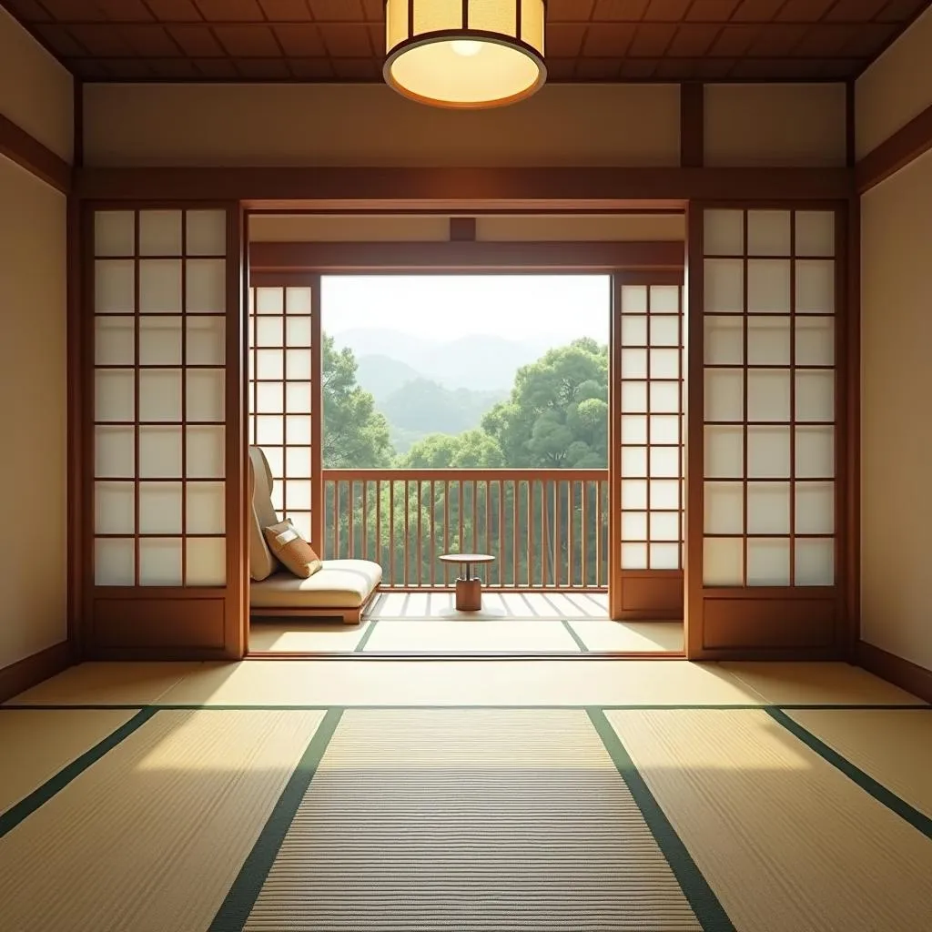 Traditional Japanese Hotel Room with tatami mats and sliding doors