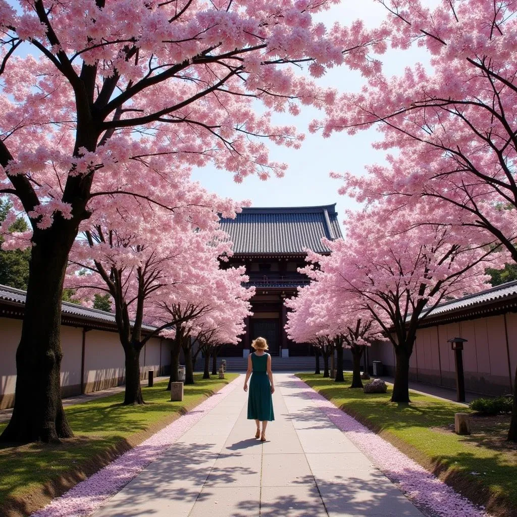 Japanese temple surrounded by cherry blossoms in spring