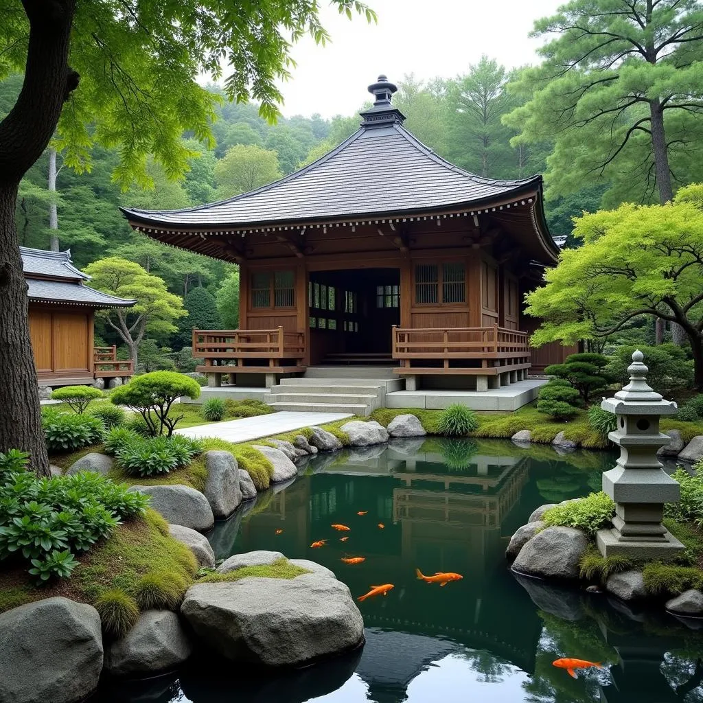 Traditional Japanese Garden with Temple