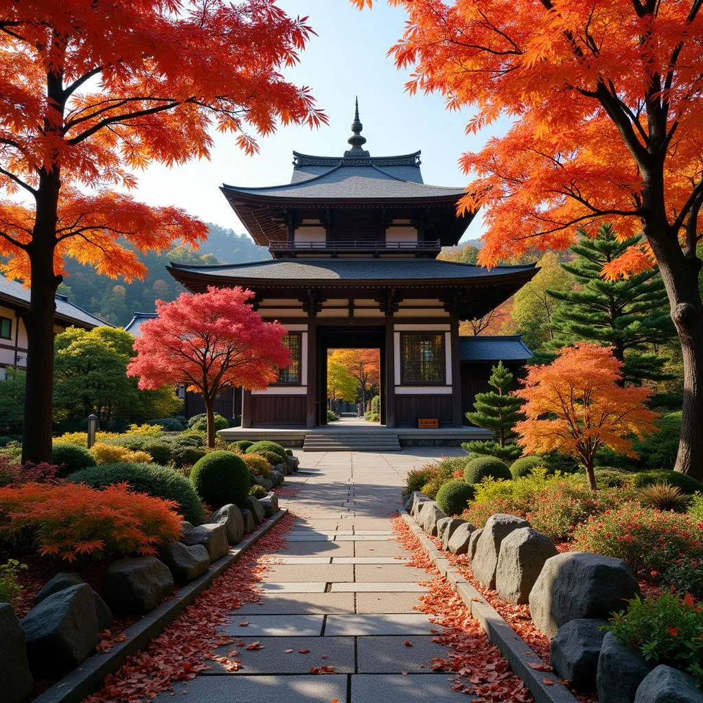 Tranquil Japanese temple garden with vibrant autumn foliage