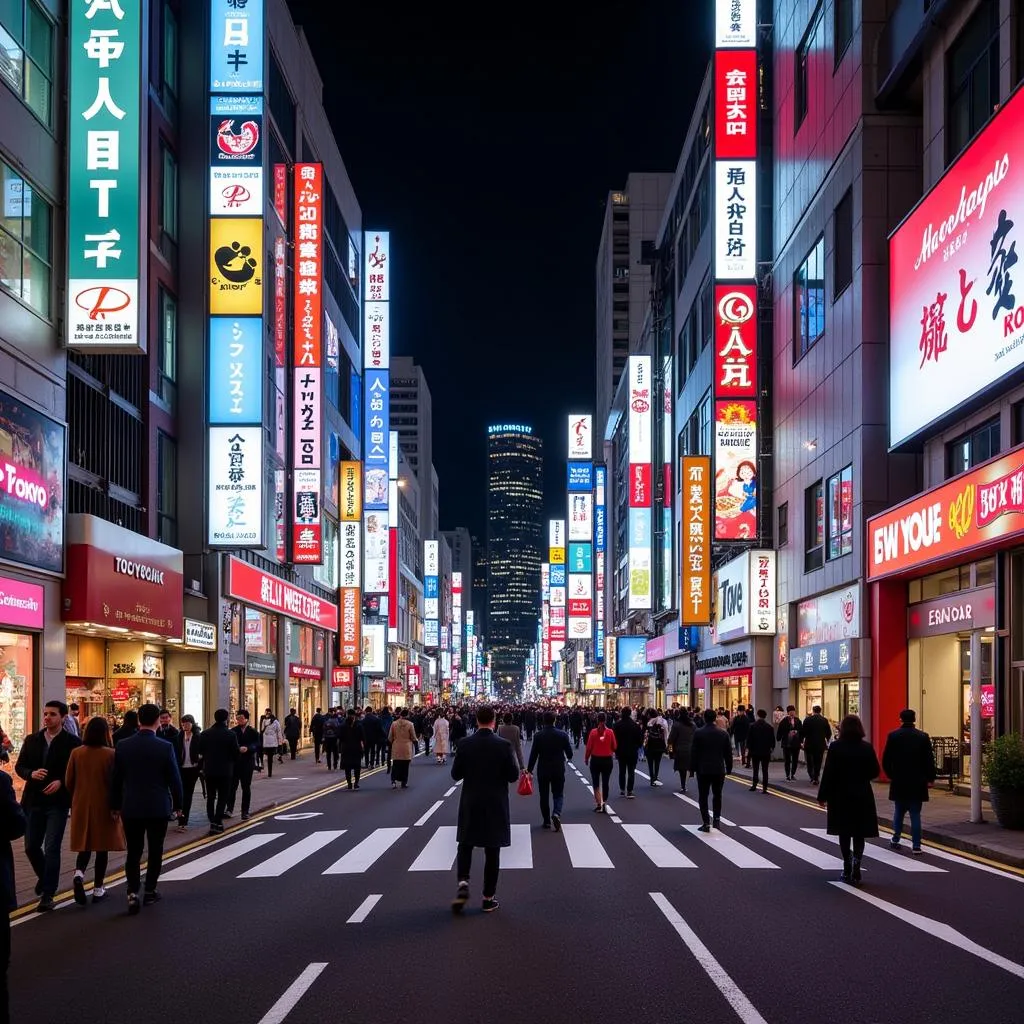 Modern skyscrapers illuminate the night sky in Tokyo Japan