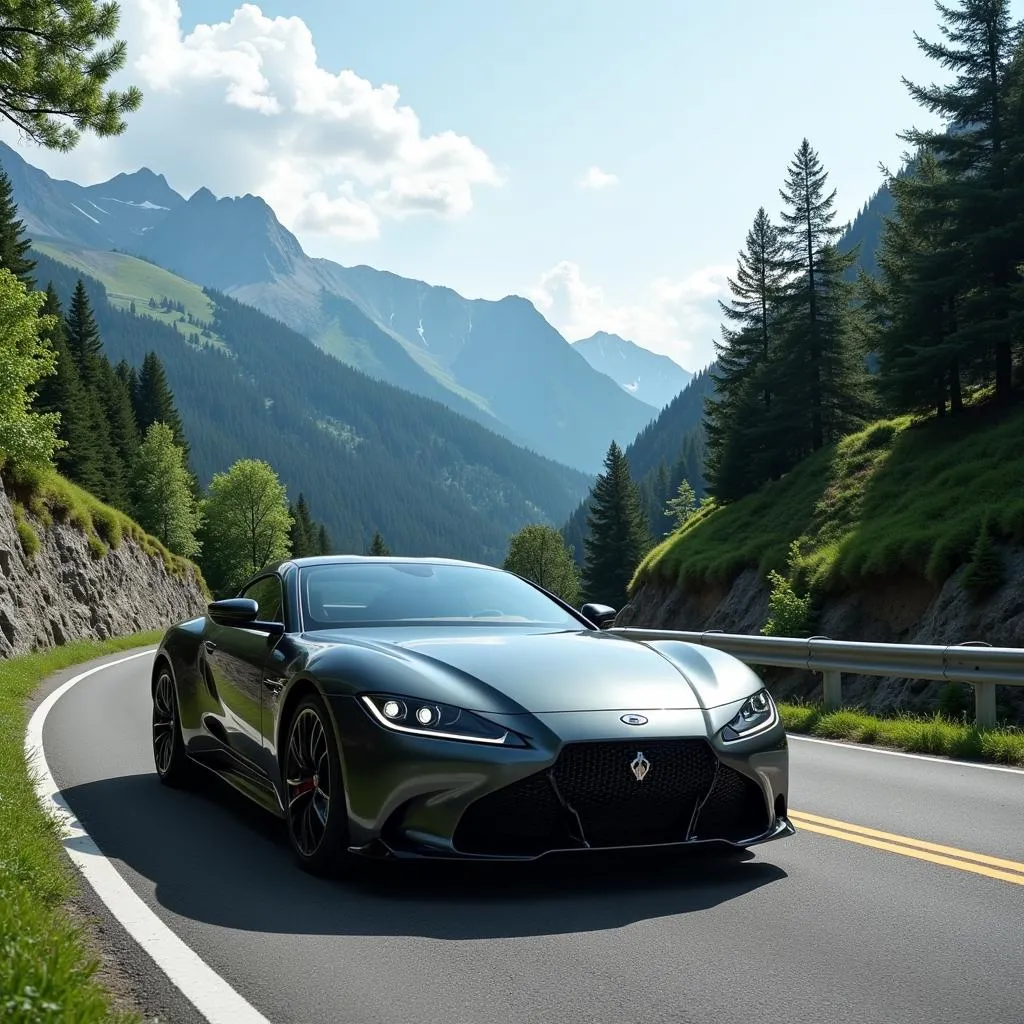 Modern Touring Car Navigating a Scenic Mountain Road in Japan