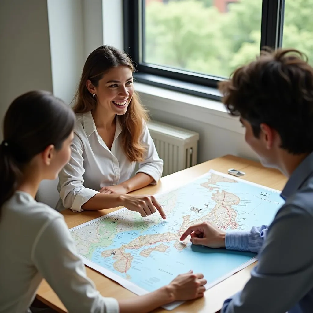 Travel agent assisting a couple with their Japan itinerary