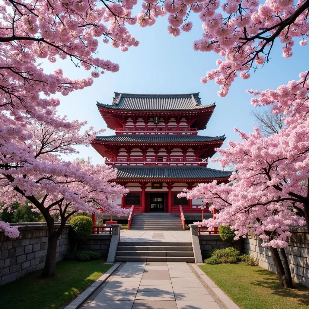 Serene Japanese Temple with Cherry Blossoms