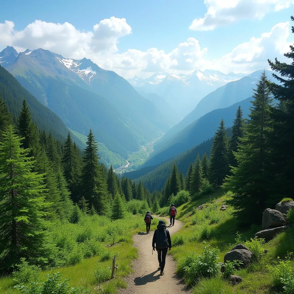 Hiking trails through lush forests in the Japanese Alps