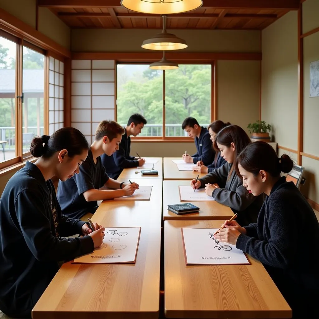 Participants practicing Japanese calligraphy in a traditional Kyoto setting.