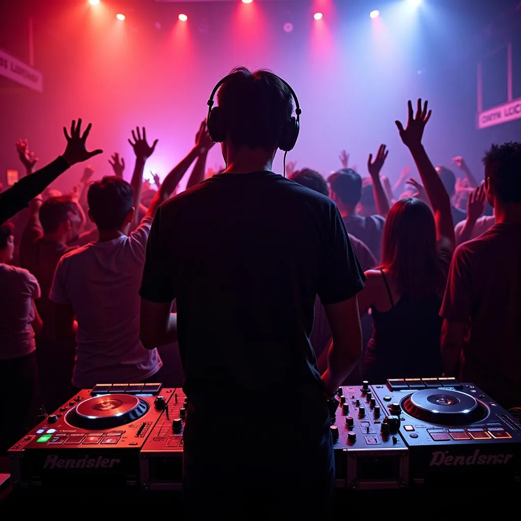 Japanese DJ performing in a crowded Tokyo nightclub