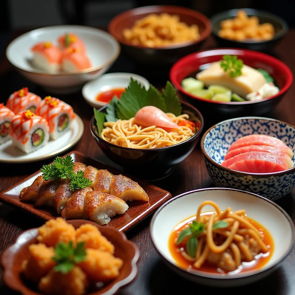 A vibrant assortment of Japanese dishes, including sushi, ramen, and tempura.