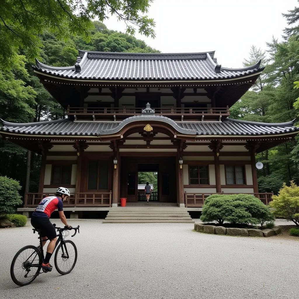 A Japanese cyclist taking a break at a serene traditional temple