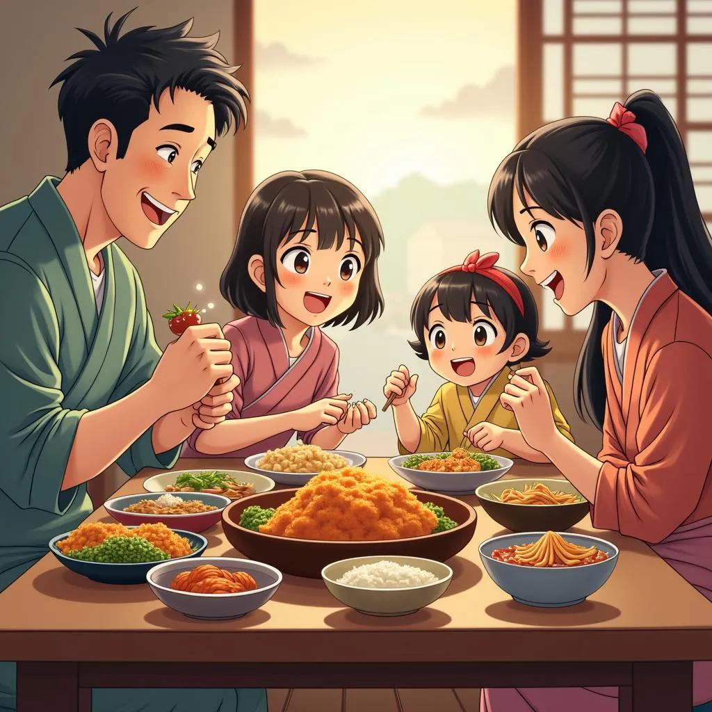 Family enjoying a traditional Japanese dinner