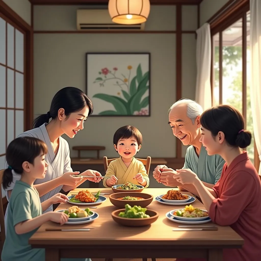 Japanese family enjoying a meal in a traditional home