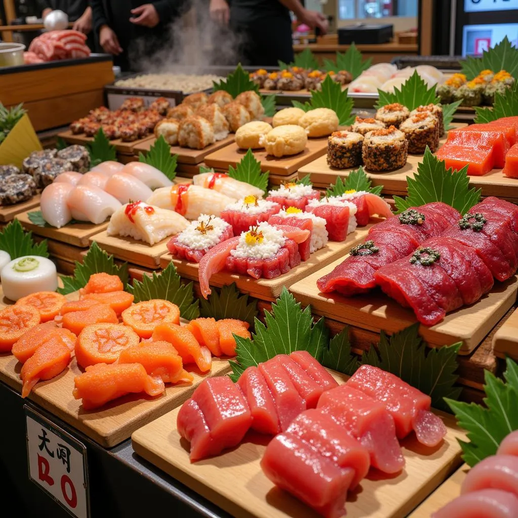 A bustling Japanese food market showcasing a variety of delicacies