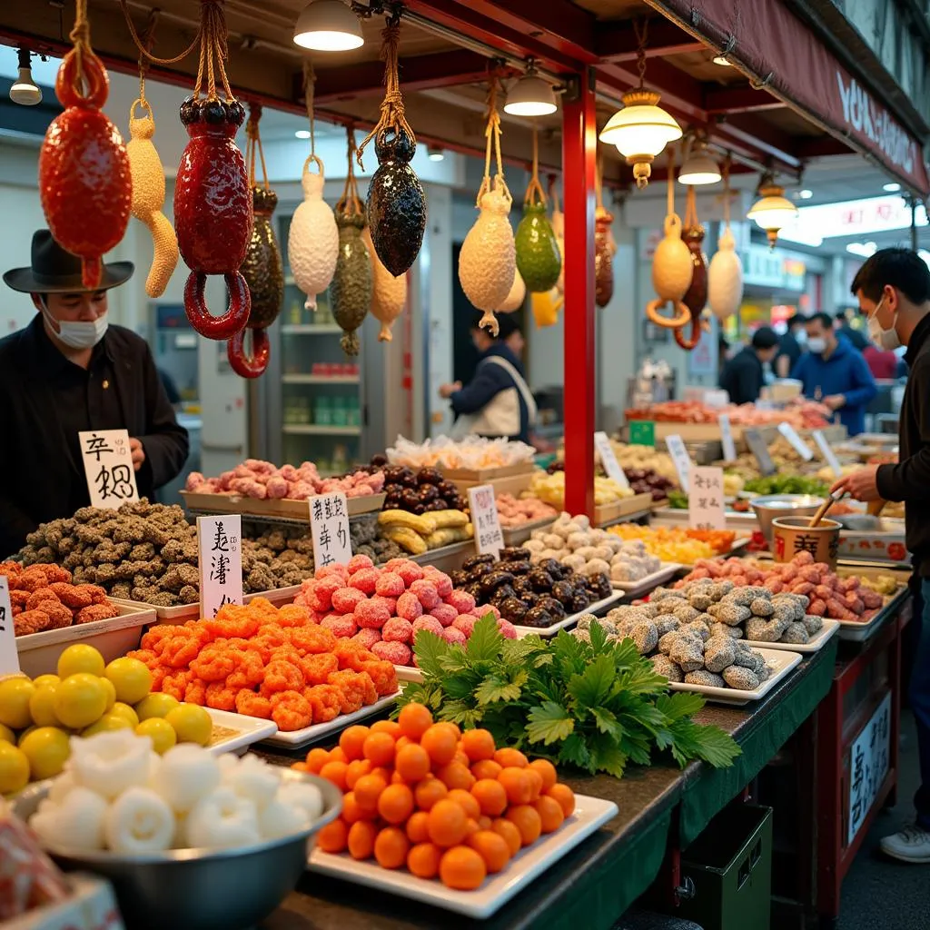 Stalls brimming with fresh seafood and local delicacies in a bustling Japanese food market