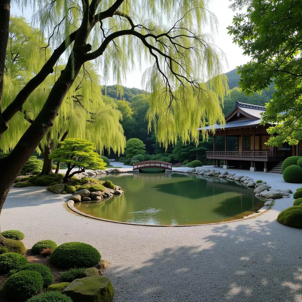 A serene Japanese garden in Kyoto with a pond and traditional architecture