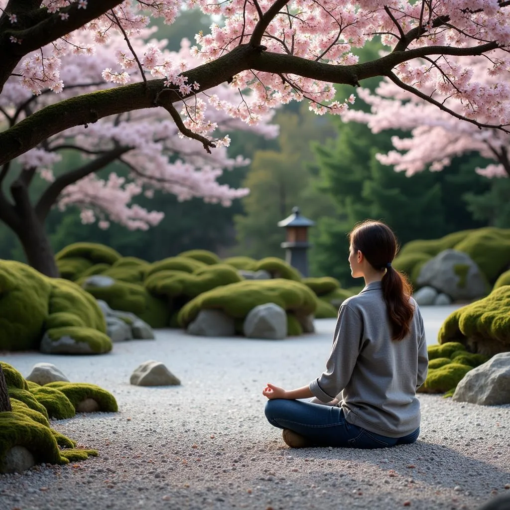 Woman meditating in a serene Japanese garden