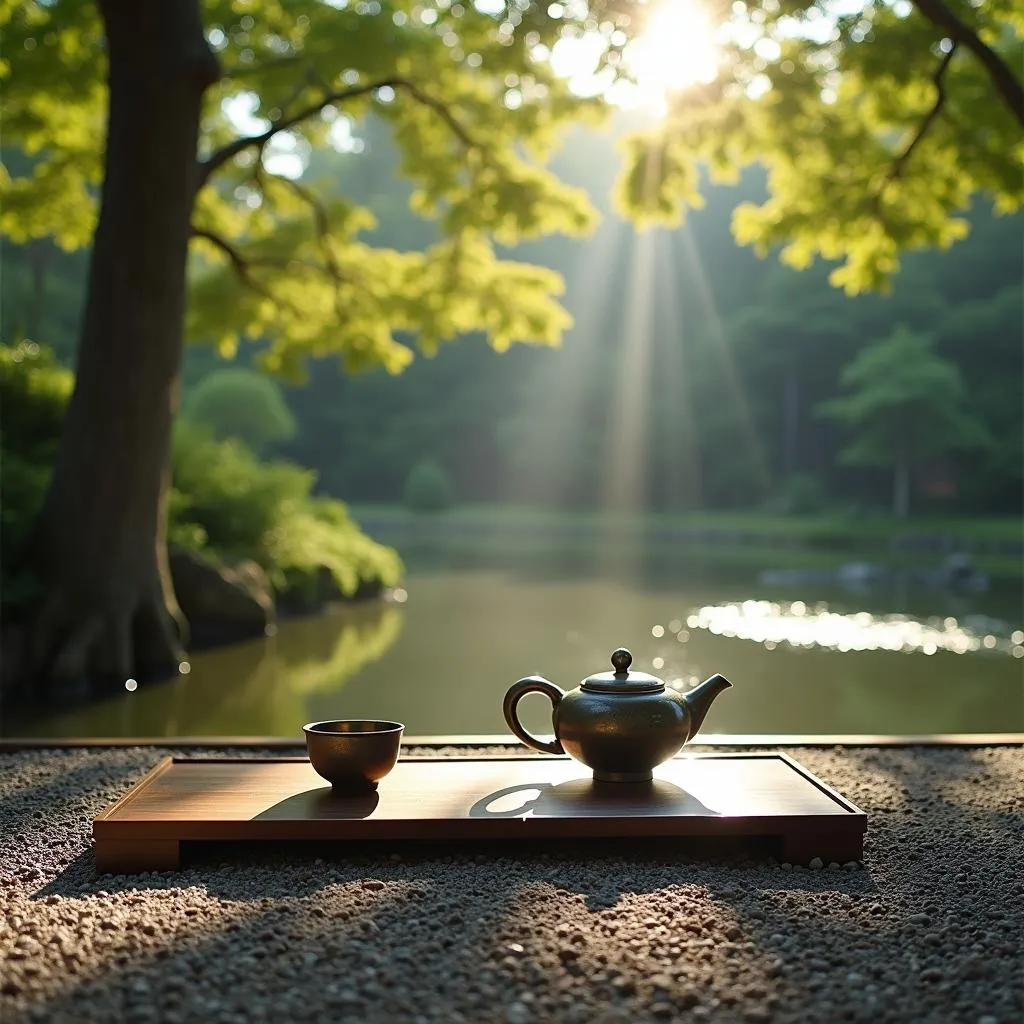 Traditional Japanese tea ceremony setup in a serene garden setting