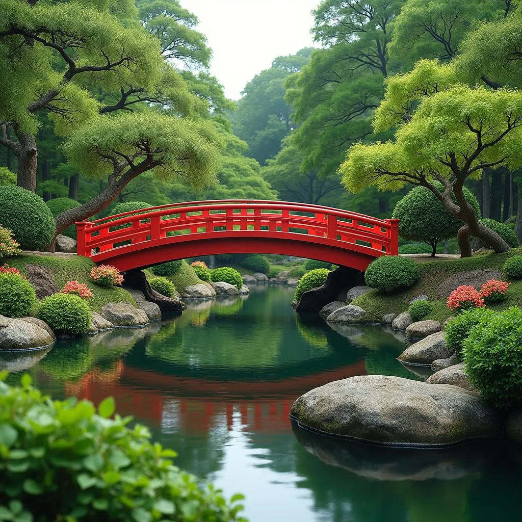 Traditional Japanese Garden with Pond and Bridge