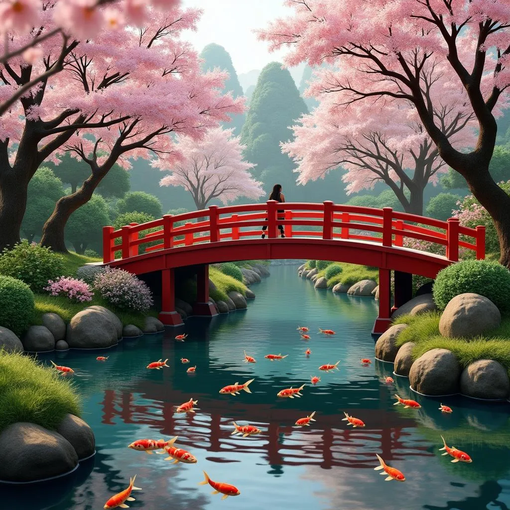 Tranquil Japanese Garden with Traditional Bridge and Pond