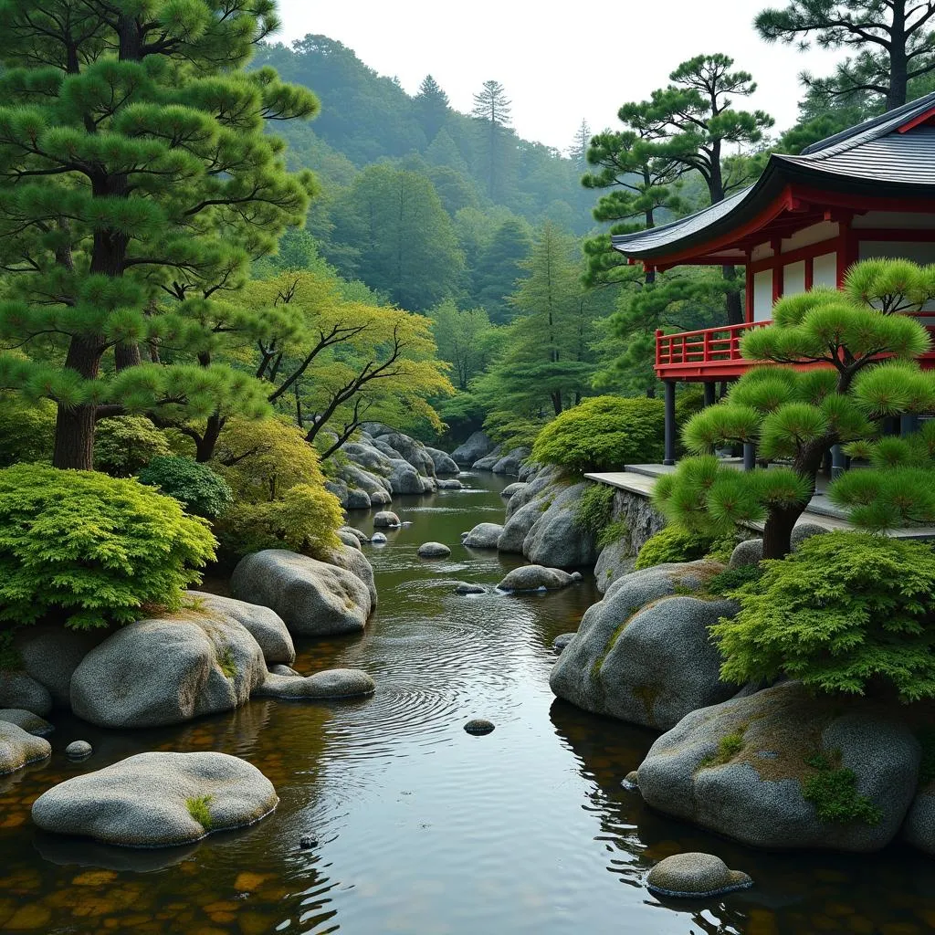 Tranquil Japanese Garden with Zen Rock Garden