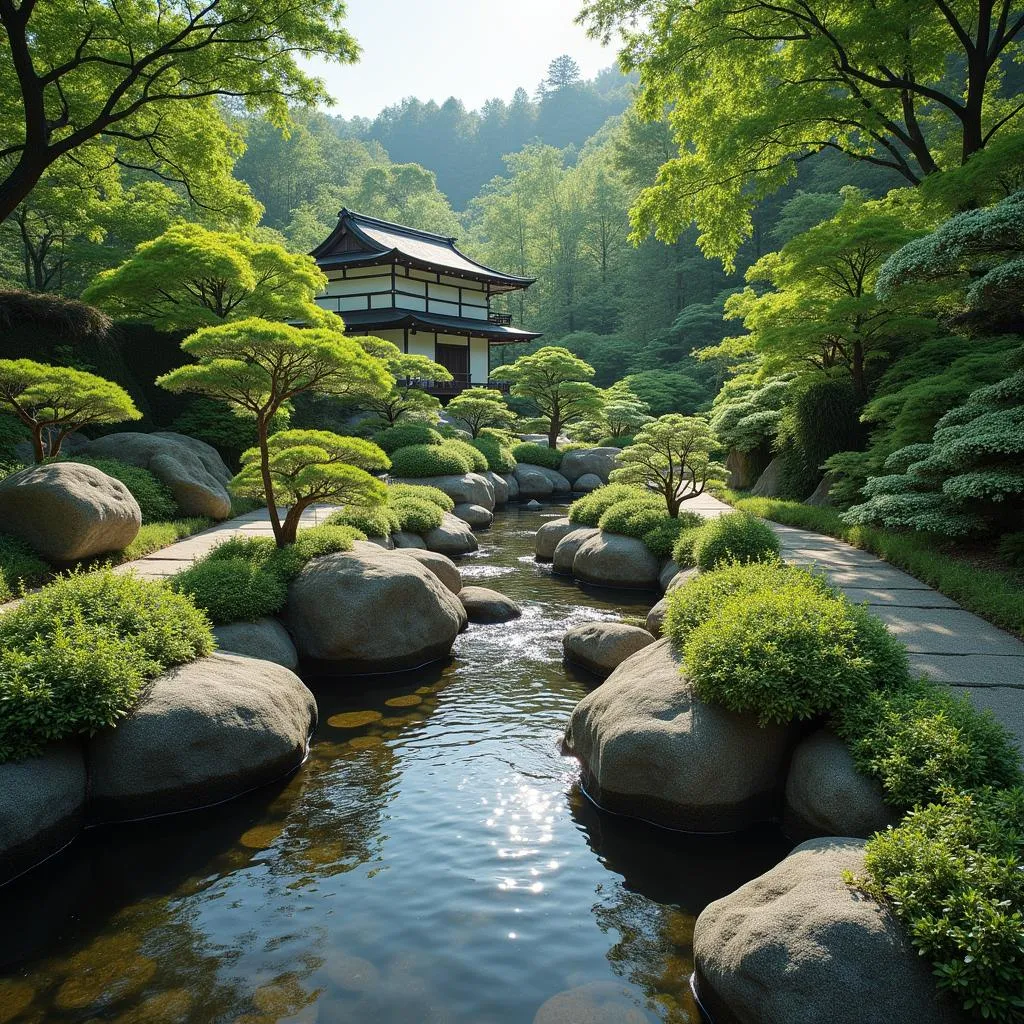 Japanese garden zen atmosphere 360-degree panorama