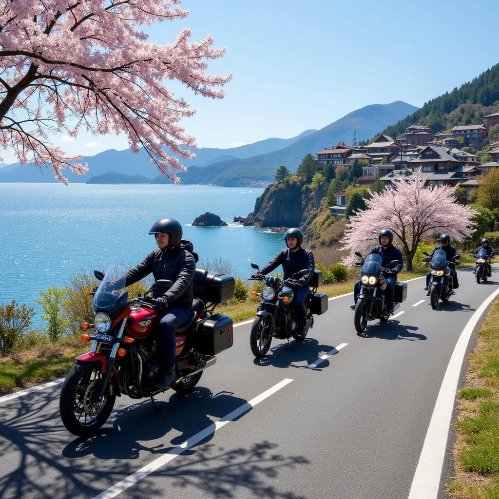 Group of riders on their motorcycles during a scenic journey in Japan