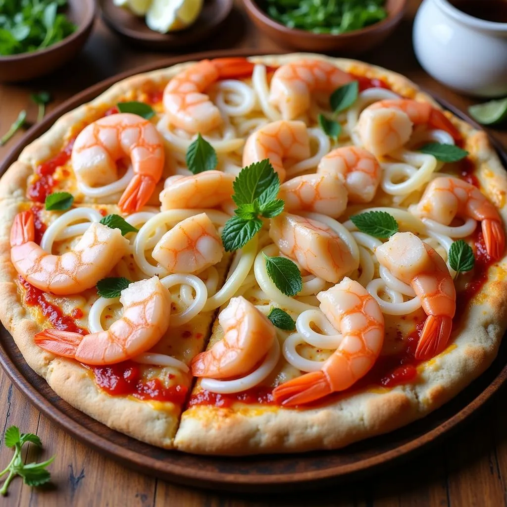 Japanese pizza topped with fresh seafood