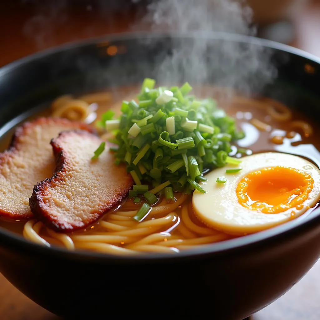 A steaming bowl of Japanese Ramen Noodle Soup