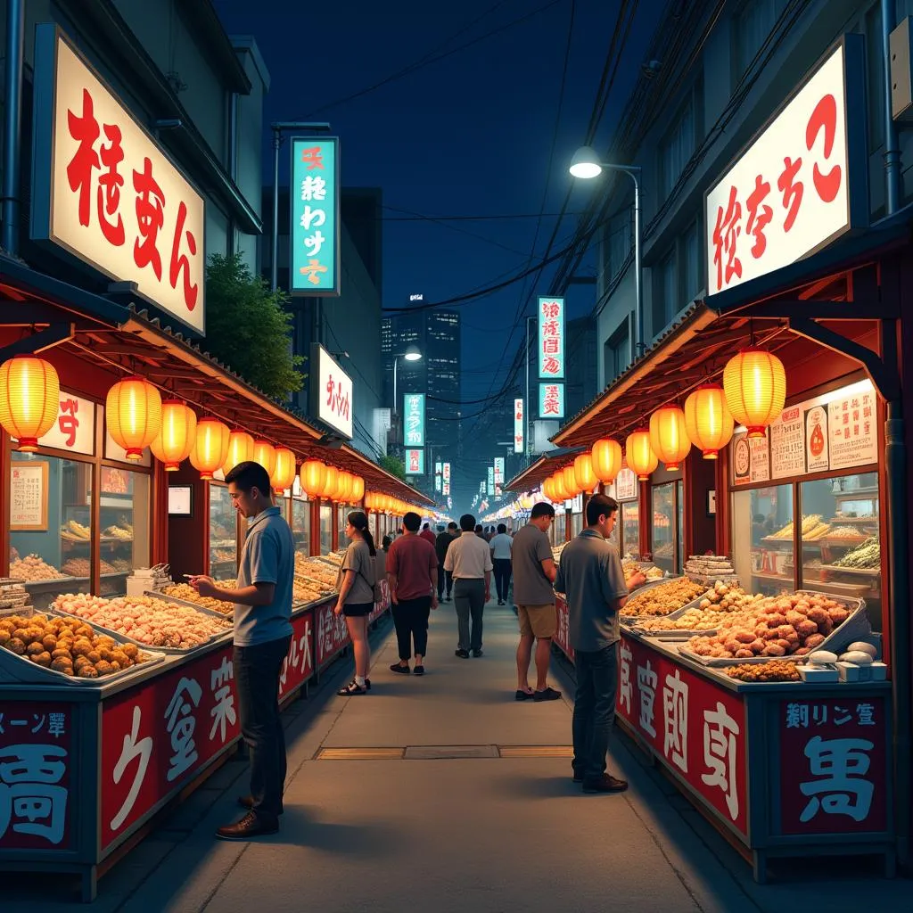 Vibrant Japanese Street Food Market at Night