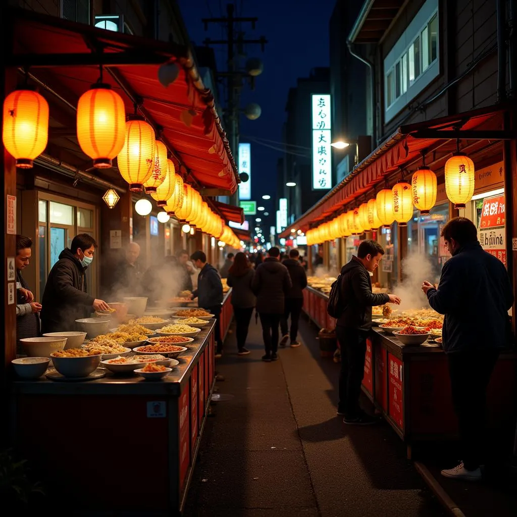 Vibrant Japanese street food market at night