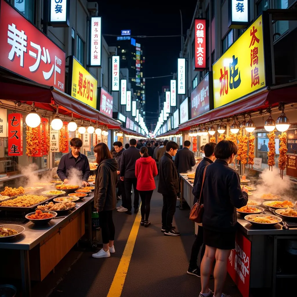 A bustling Japanese street food market in Tokyo at night