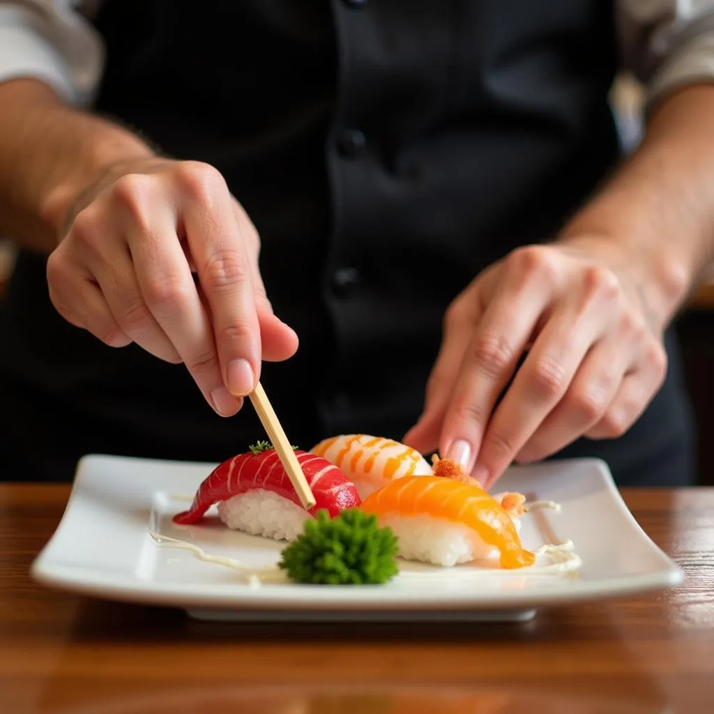 Japanese chef meticulously crafting sushi