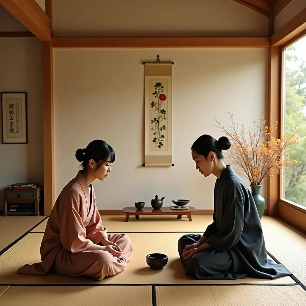 Two individuals dressed in traditional kimonos participating in a Japanese tea ceremony.