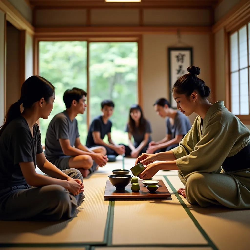 Tourists participating in a traditional tea ceremony