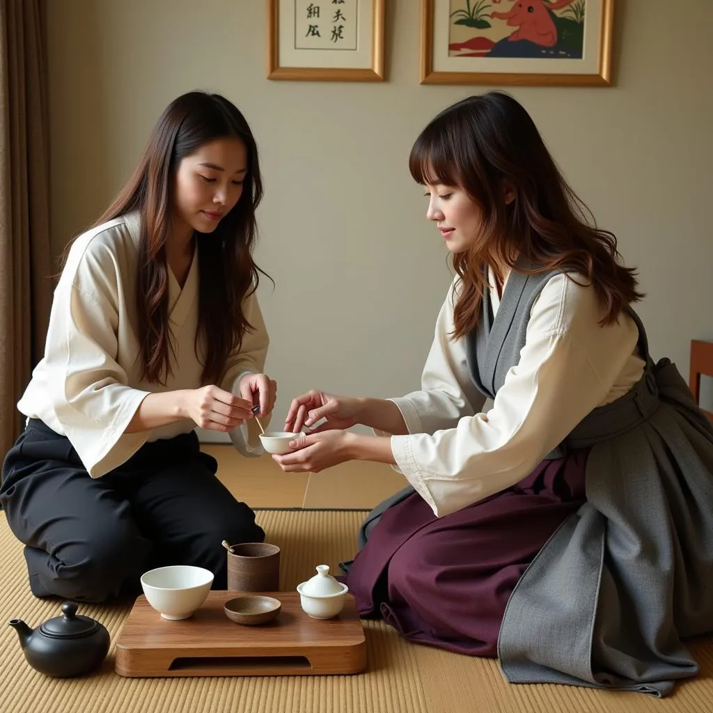 Two individuals participate in a traditional Japanese tea ceremony, dressed in formal attire.