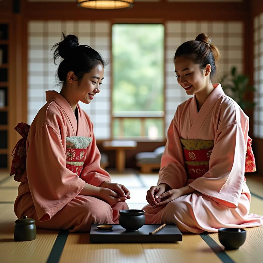 Two friends, a boy and a girl, participating in a traditional Japanese tea ceremony, dressed in kimonos.