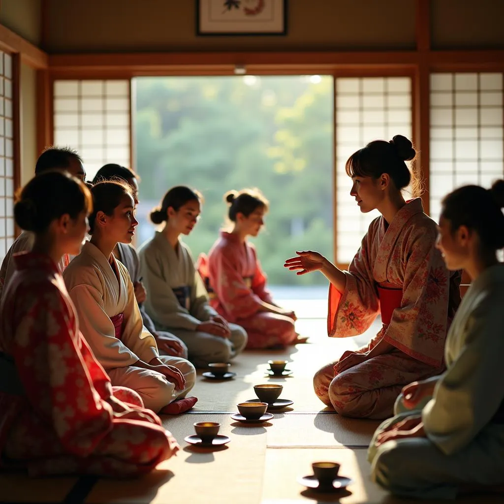 Globus and Cosmos travelers participating in a Japanese tea ceremony